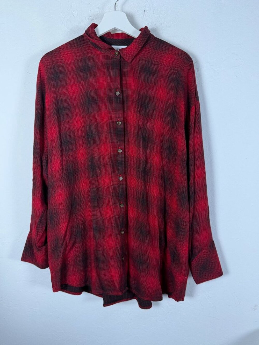 J.Jill Womens Plaid Button Front Shirt Large Red Navy Ombre Shadow Check Flannel